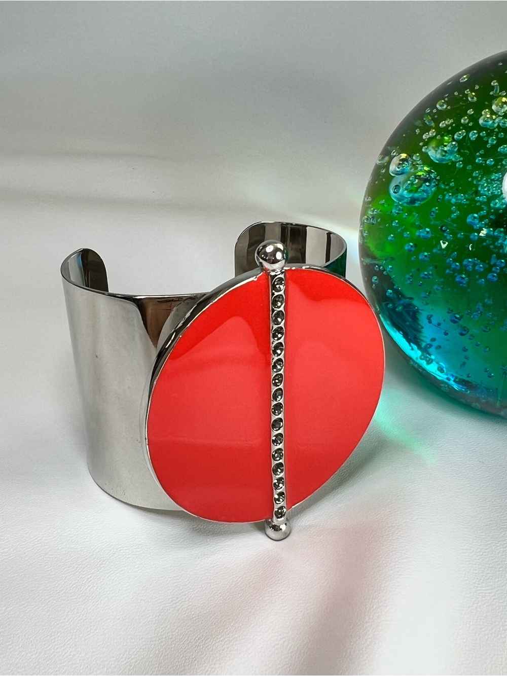 1980’s Vintage inspired polished silver red enamel rhinestones cuff bracelet
